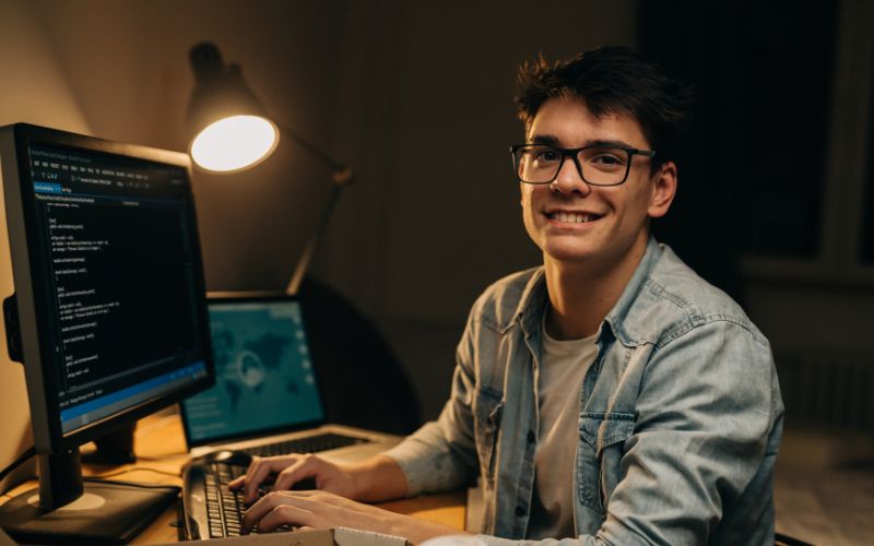 man with smile in front of monitor in dim light
